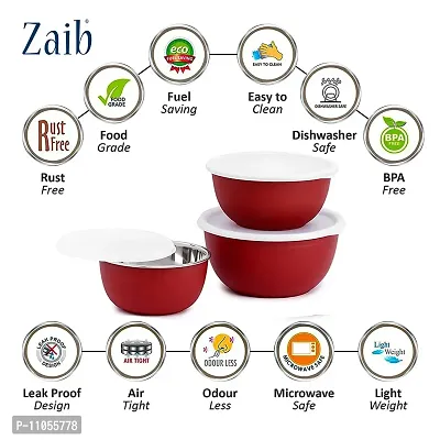 Zaib Plastic Coated Stainless Steel Microwave Safe Euro Serving Reheating Food Storage Mixing Bowls with Lid (Pack of 3 ( Red ))-thumb3