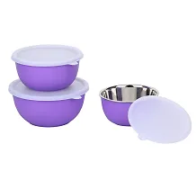 Zaib Microwave Safe Steel Bowl with Lid Set of 3 | Food Storage Container | Snack Serving | Dinnerware Bowls (Purple)-thumb2