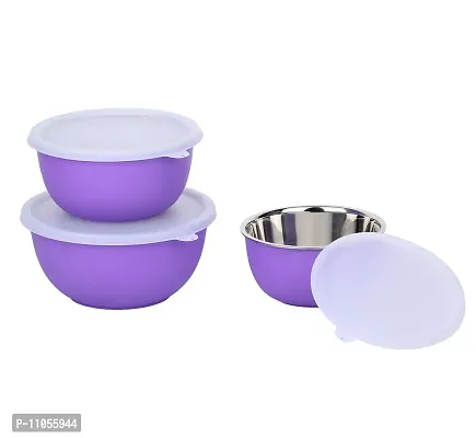 Zaib Microwave Safe Steel Bowl with Lid Set of 3 | Food Storage Container | Snack Serving | Dinnerware Bowls (Purple)-thumb3