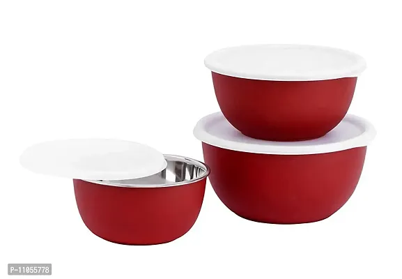 Zaib Plastic Coated Stainless Steel Microwave Safe Euro Serving Reheating Food Storage Mixing Bowls with Lid (Pack of 3 ( Red ))