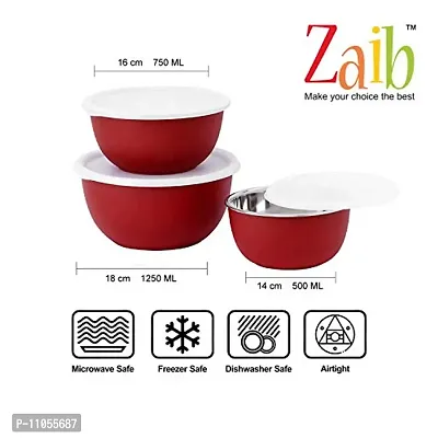 Zaib Microwave Safe Stainless Steel Mixing Plain Bowl Set with Lid Food Storage Containers for Kitchen (Red ) - Set of 3-thumb3