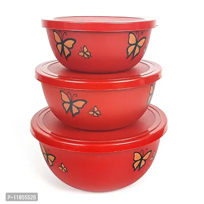 Zaib Microwave Safe Steel Food Storage Container set of 3 - Capacity 1250 ML, 750 ML, 500 ML (RED-BUTTERFLY-3)