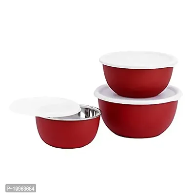 Zaib Plastic Coated Stainless Steel Microwave Safe Euro Serving Reheating Food Storage Mixing Bowls with Lid (Pack of 3 ( Red ))-thumb0