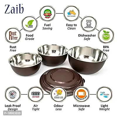 Zaib Microwave Steel Food Storage Container Set of 3 with Lid Capacity - 1250 ML, 750 ML, 500 ML (Dark Brown)-thumb2