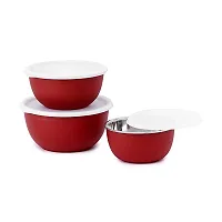 Zaib Microwave Safe Stainless Steel Mixing Plain Bowl Set with Lid Food Storage Containers for Kitchen (Red ) - Set of 3-thumb1