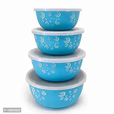Zaib Microwave Safe Stainless Steel Bowl Set of 4 Food Storage Container for Kitchen (Blue Spiral Airtight 4)