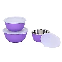 Zaib Microwave Safe Steel Bowl with Lid Set of 3 | Food Storage Container | Snack Serving | Dinnerware Bowls (Purple)-thumb2