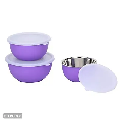 Zaib Microwave Safe Steel Bowl with Lid Set of 3 | Food Storage Container | Snack Serving | Dinnerware Bowls (Purple)-thumb3