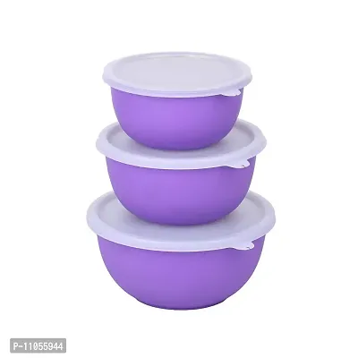 Zaib Microwave Safe Steel Bowl with Lid Set of 3 | Food Storage Container | Snack Serving | Dinnerware Bowls (Purple)-thumb0