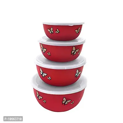 Zaib Microwave Safe Euro Steel Food Storage Bowl Set with Lid (Set of 4 Red Butterfly)