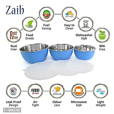 Zaib Microwave Safe Stainless Steel Bowl Set of 4 with Lid for Your Kitchen | Steel Container to Storage Food, Serving, Reheating and Refrigerating in Fridge (Blue Plain set of 3)-thumb3