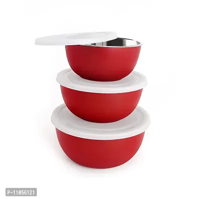 Zaib Stainless Steel Microwave Safe Mixing Bowl with Lid Food Storage Containers for Kitchen, Capacity 1250 ML, 750 ML, 500 ML(Red)