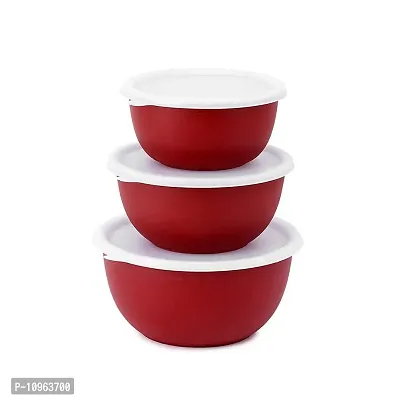 Zaib Microwave Safe Stainless Steel Mixing Plain Bowl Set with Lid Food Storage Containers for Kitchen (Red ) - Set of 3