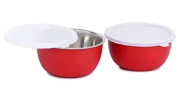 Zaib Steel Bowl with lid Microwave Safe containers (Red Plain)-thumb1