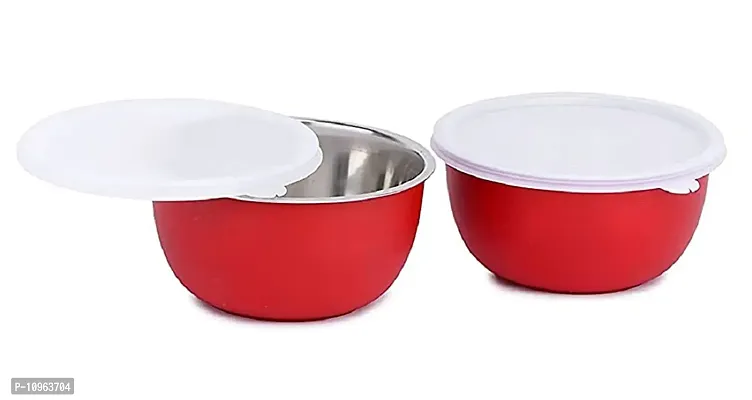 Zaib Steel Bowl with lid Microwave Safe containers (Red Plain)-thumb2