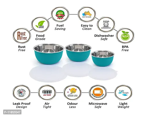 Zaib Microwave Safe Stainless Steel Euro Bowls Set with Lid Food Serving and Storage Containers for You Modern Kitchen (Turquoise Color Lid 3)-thumb3