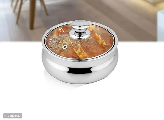Steel Casserole with Glass Lid, hot box for roti and Food, Serving Casserole 600ml , keep food hot for long time-thumb2