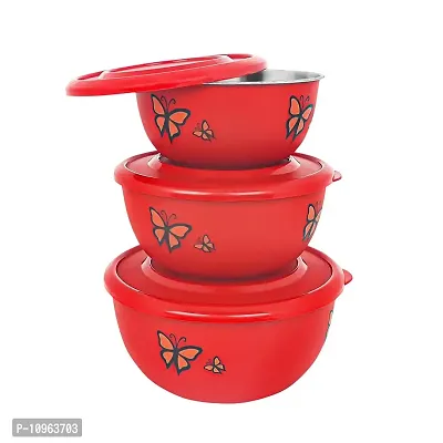 Zaib Stainless Steel Microwave Safe Mixing Bowl Set with Lid Food Storage Container for Kitchen (Set of 3 Red Butterfly)-thumb0