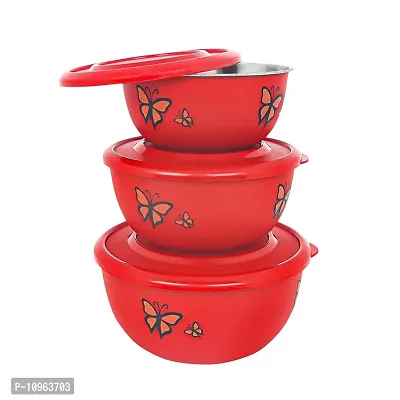 Zaib Stainless Steel Microwave Safe Mixing Bowl Set with Lid Food Storage Container for Kitchen (Set of 3 Red Butterfly)