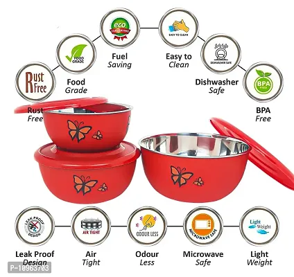 Zaib Stainless Steel Microwave Safe Mixing Bowl Set with Lid Food Storage Container for Kitchen (Set of 3 Red Butterfly)-thumb2