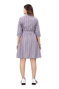 COZKE Enterprise Trending and Affordable Striped Printed Above Knee Length and Collared V Neck Dress with 3/4 Sleeves in Heavy Cotton for Womens-thumb1