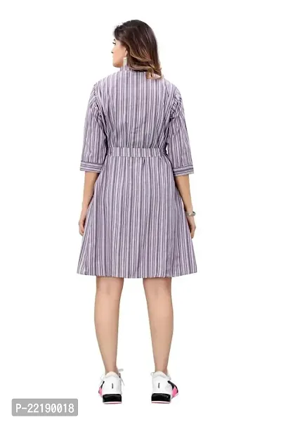 COZKE Enterprise Trending and Affordable Striped Printed Above Knee Length and Collared V Neck Dress with 3/4 Sleeves in Heavy Cotton for Womens-thumb2