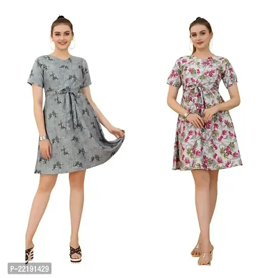 Cozke Enterprise||Floral Printed Dress for Women||Trending Knee Length Dress Combo for Girls||3 by 4 Sleeves Ladies Dress Combo-thumb0