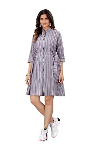 COZKE Enterprise Trending and Affordable Striped Printed Above Knee Length and Collared V Neck Dress with 3/4 Sleeves in Heavy Cotton for Womens-thumb4