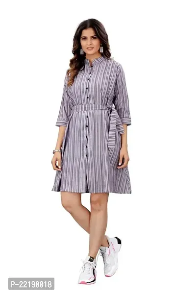 COZKE Enterprise Trending and Affordable Striped Printed Above Knee Length and Collared V Neck Dress with 3/4 Sleeves in Heavy Cotton for Womens-thumb5