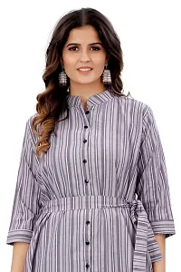 COZKE Enterprise Trending and Affordable Striped Printed Above Knee Length and Collared V Neck Dress with 3/4 Sleeves in Heavy Cotton for Womens-thumb3