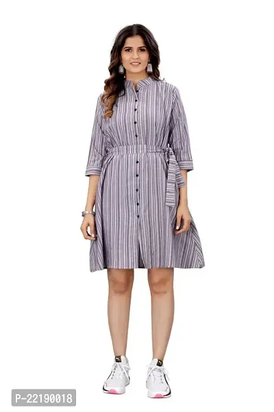 COZKE Enterprise Trending and Affordable Striped Printed Above Knee Length and Collared V Neck Dress with 3/4 Sleeves in Heavy Cotton for Womens-thumb0