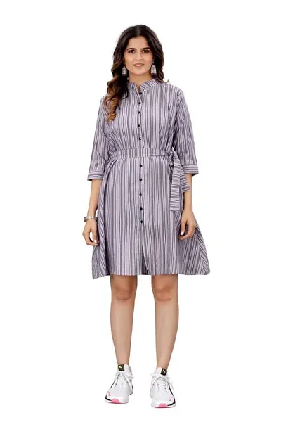 COZKE Enterprise Trending and Affordable Striped Printed Above Knee Length and Collared V Neck Dress with 3/4 Sleeves in Heavy Cotton for Womens