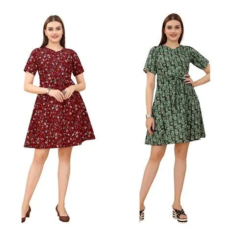 Cozke Enterprise||Floral Printed Dress for Women||Trending Knee Length Dress Combo for Girls||3 by 4 Sleeves Ladies Dress Combo