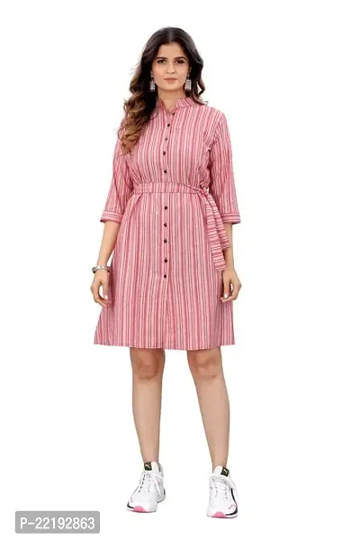 COZKE Enterprise Trending and Affordable Striped Printed Above Knee Length and Collared V Neck Dress with 3/4 Sleeves in Heavy Cotton for Womens