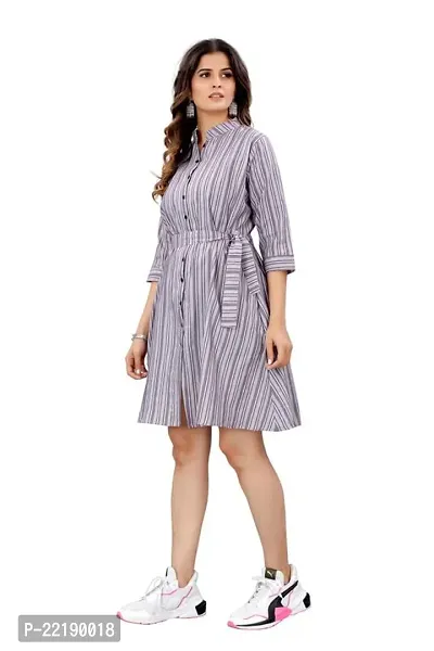 COZKE Enterprise Trending and Affordable Striped Printed Above Knee Length and Collared V Neck Dress with 3/4 Sleeves in Heavy Cotton for Womens-thumb3