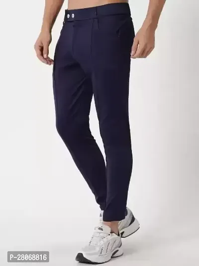 Elegant Navy Blue Cotton Blend Solid Casual Trousers For Men