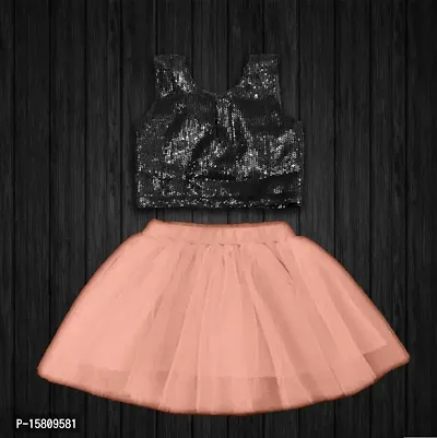 Girls Black Top And Peach Net Skirt