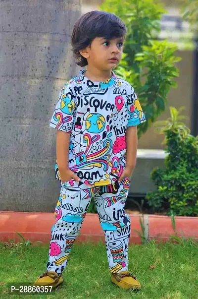 Stylish Printed Cotton Blend  T-Shirt With Trousers For Kids Boys
