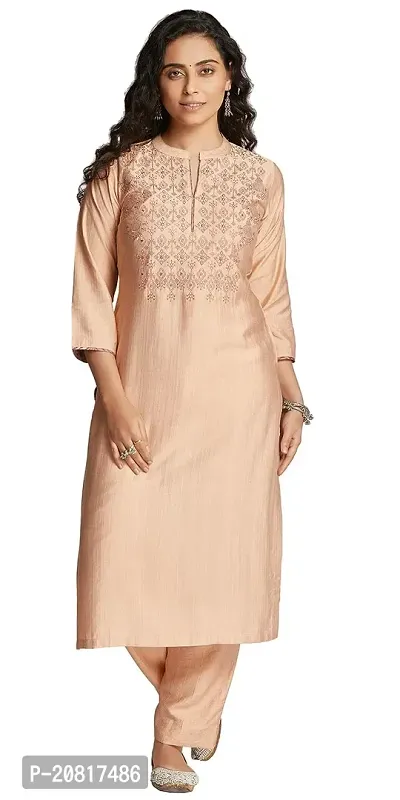 Stylish Beige Cotton Blend Embroidered A-Line Stitched For Women-thumb0