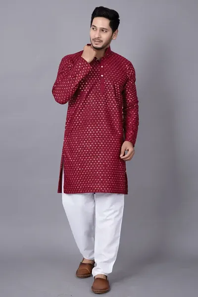 Stylish Cotton Blend Lakhnavi Embroidered Kurta For Men