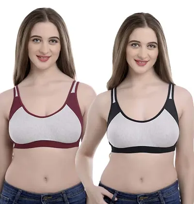 AB36 Women's Cotton Viscose Blended Non-Padded Non-Wired Sports Bra, Double Combo, Size (30-40)