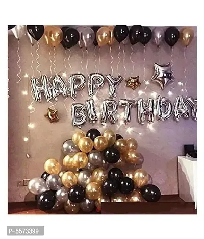 HAPPY BIRTHDAY SILVER FOIL WITH 30 PCS BLACK ,SILVER AND GOLD METALLIC BALLOONS