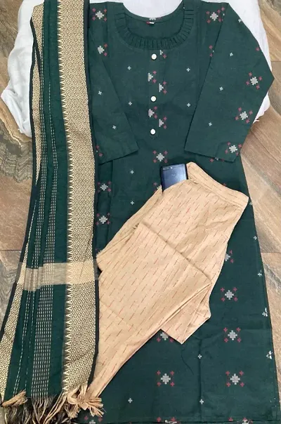 STYLISH COTTON KURTI  BOTTOM AND DUPATTA  SET