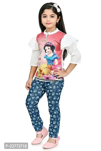 SR FASHION Casual Cotton Blend Solid Round Neck Printed Top Denim Pant Set For Kids Girls