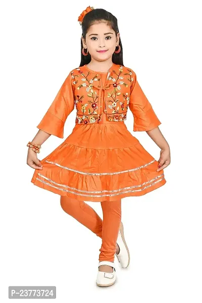 SR FASHION Casual Rayon Embroidery Round Neck Anarkali Kurta Set With Chicken Curry Embroidery Jacket and Leggings For Kids Girls