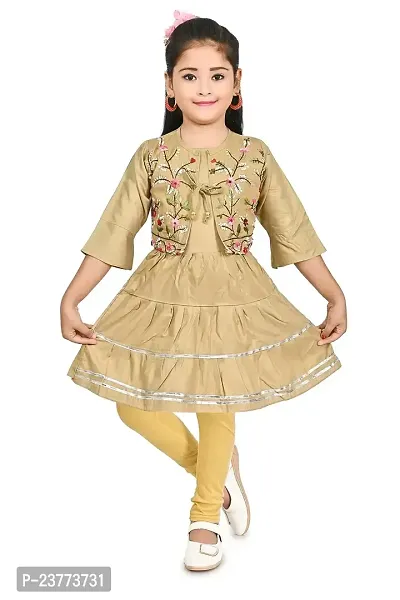 SR FASHION Casual Rayon Embroidery Round Neck Anarkali Kurta Set With Chicken Curry Embroidery Jacket and Leggings For Kids Girls (Khaki, 2-3 Years)