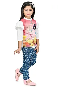 SR FASHION Casual Cotton Blend Solid Round Neck Printed Top Denim Pant Set For Kids Girls-thumb2