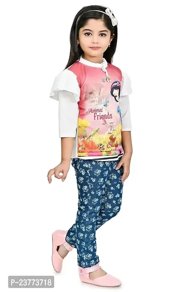 SR FASHION Casual Cotton Blend Solid Round Neck Printed Top Denim Pant Set For Kids Girls-thumb3