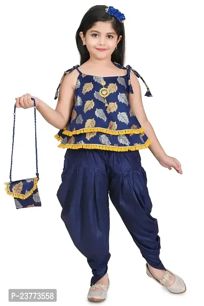 SR FASHION Casual Rayon Printed Round Neck Top Banarasi Bottam Rayon Kids Girls Top and Patiala Set-thumb0