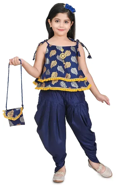 SR FASHION Casual Rayon Printed Round Neck Top Banarasi Bottam Rayon Kids Girls Top and Patiala Set